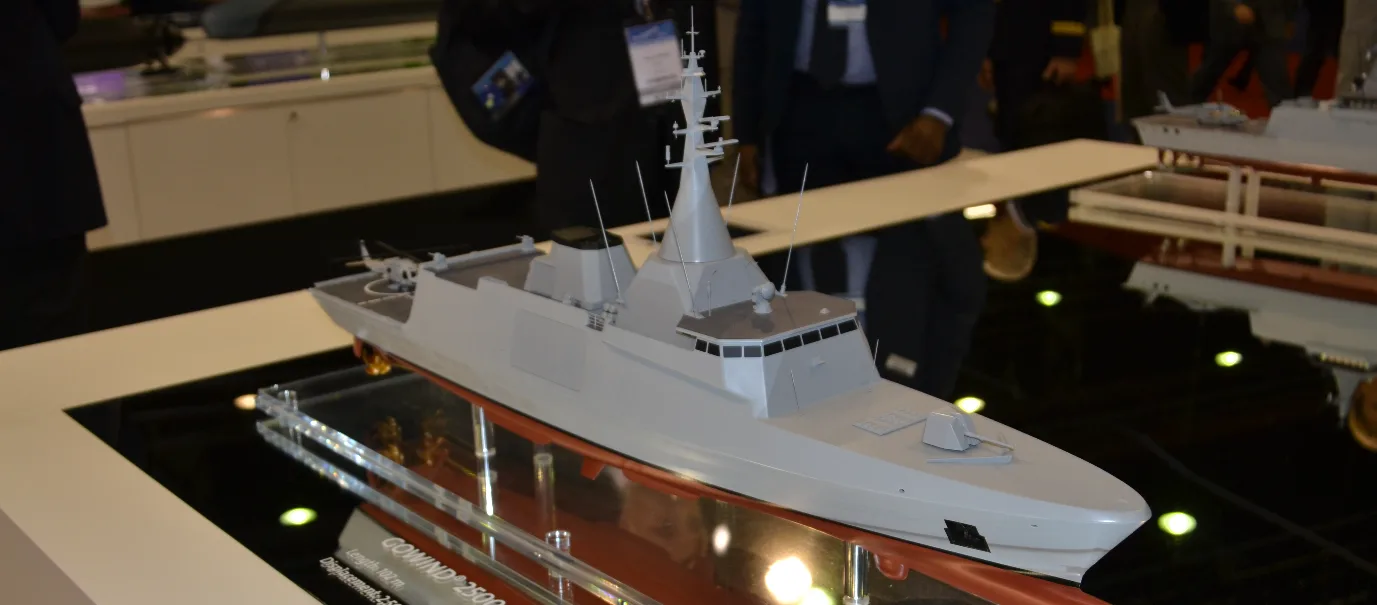 A mock-up of the DCNS Gowind 2500 corvette/light frigate.