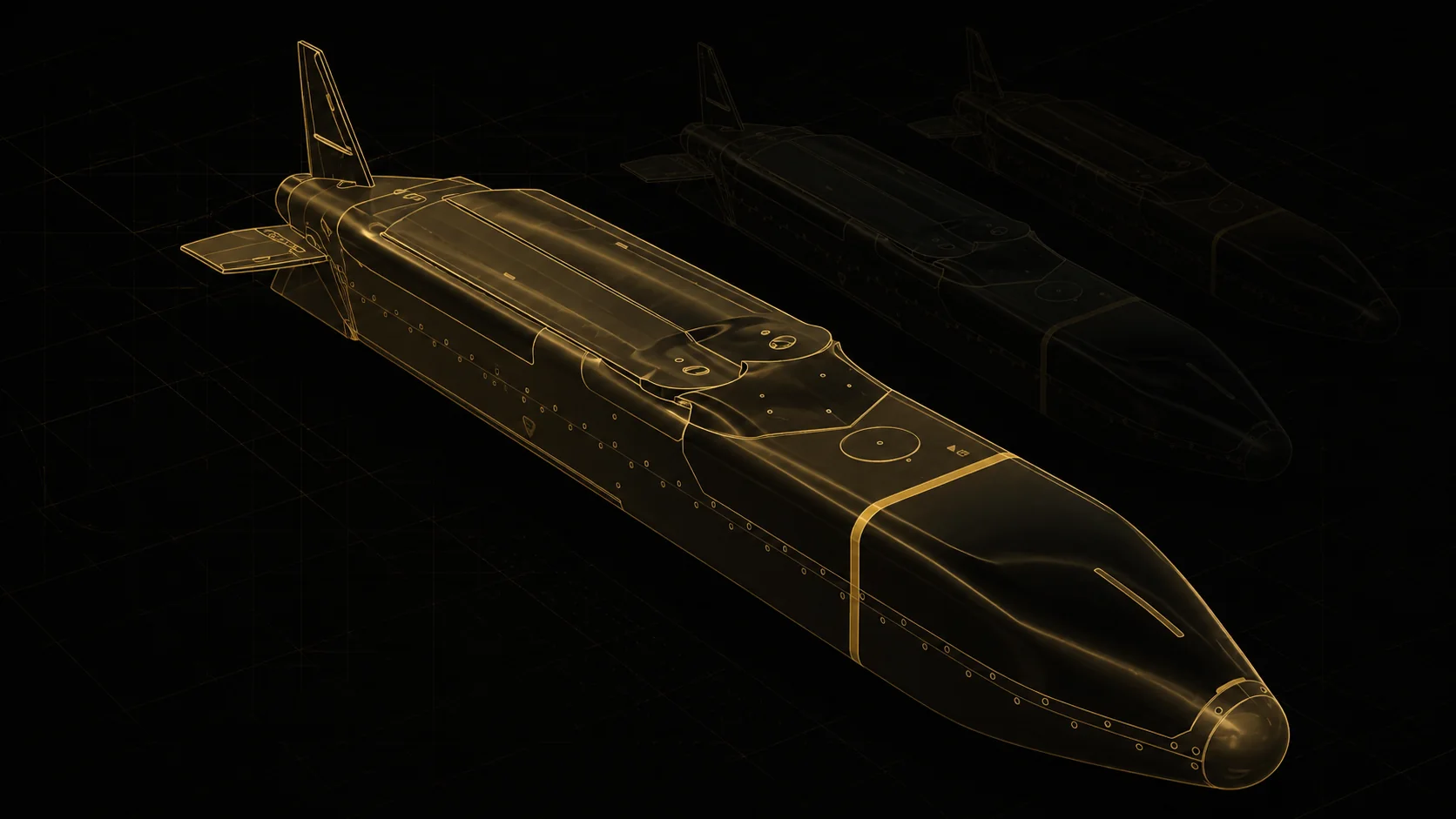 Gold technical illustration of the Barracuda-500M low-cost cruise missile and scaled production silhouettes