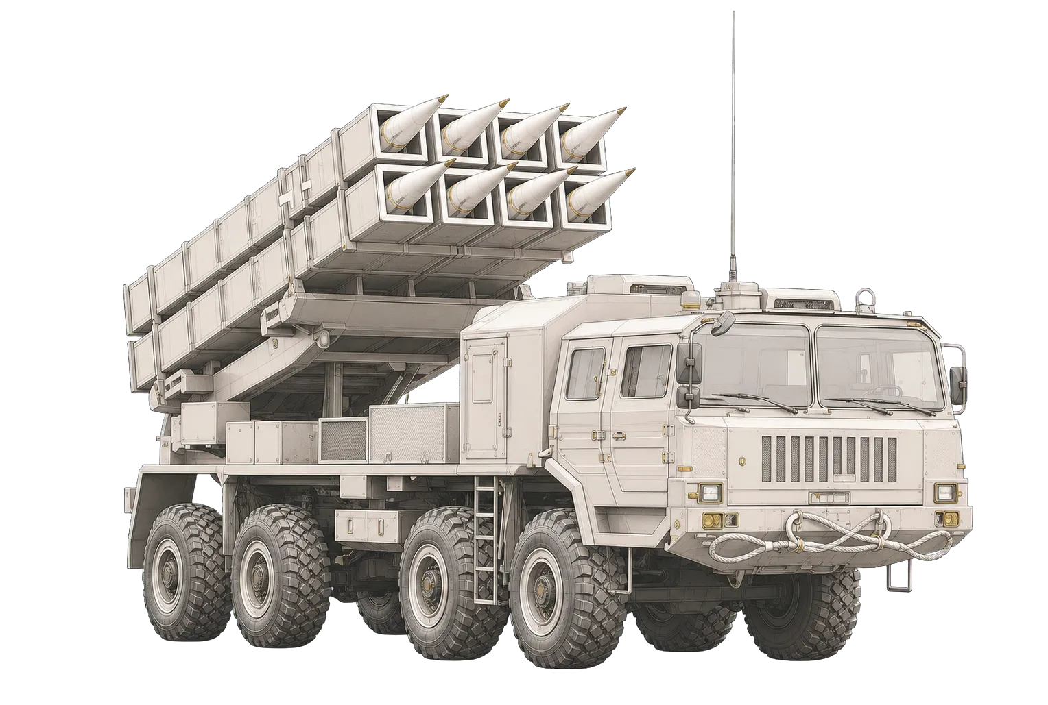 Technical editorial rendering of Fatah-1 / A-100 GMLRS