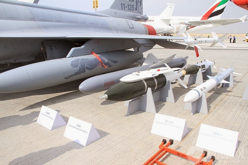 A number of the munitions on offer with the JF-17. From left to right: C-802 AShM, LS-6 (and LS-3 behind it) INS/GPS PGB, SD-10A BVRAAM.