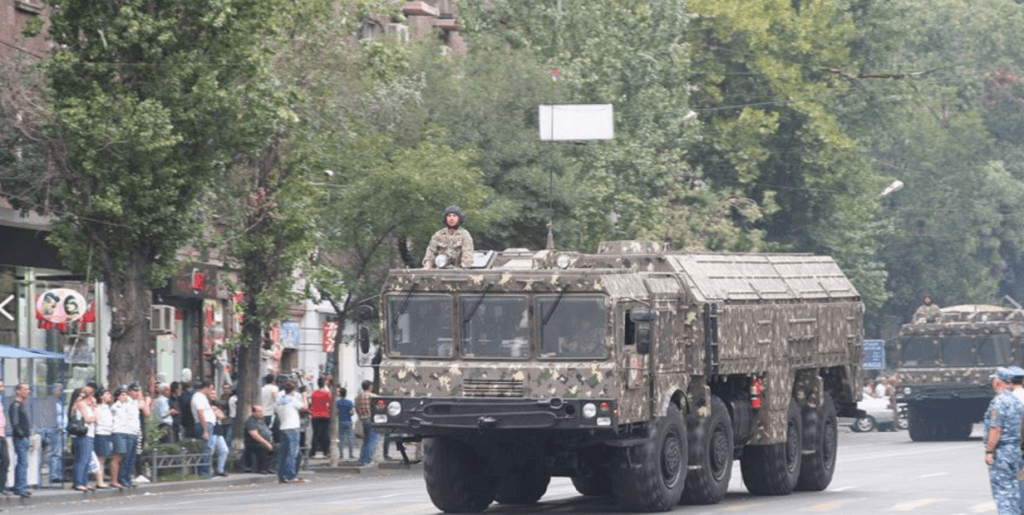 Armenian military vehicle displaying the Iskander-E short-range ballistic missile.
