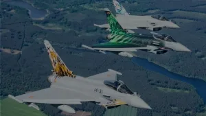 Photo of three Eurofighter Typhoon fighter aircraft. The photo was used as a hero image for an article on Turkey negotiating for 40 Eurofighter Typhoon fighters.