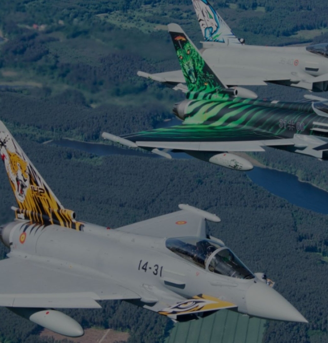 Photo of three Eurofighter Typhoon fighter aircraft. The photo was used as a hero image for an article on Turkey negotiating for 40 Eurofighter Typhoon fighters.