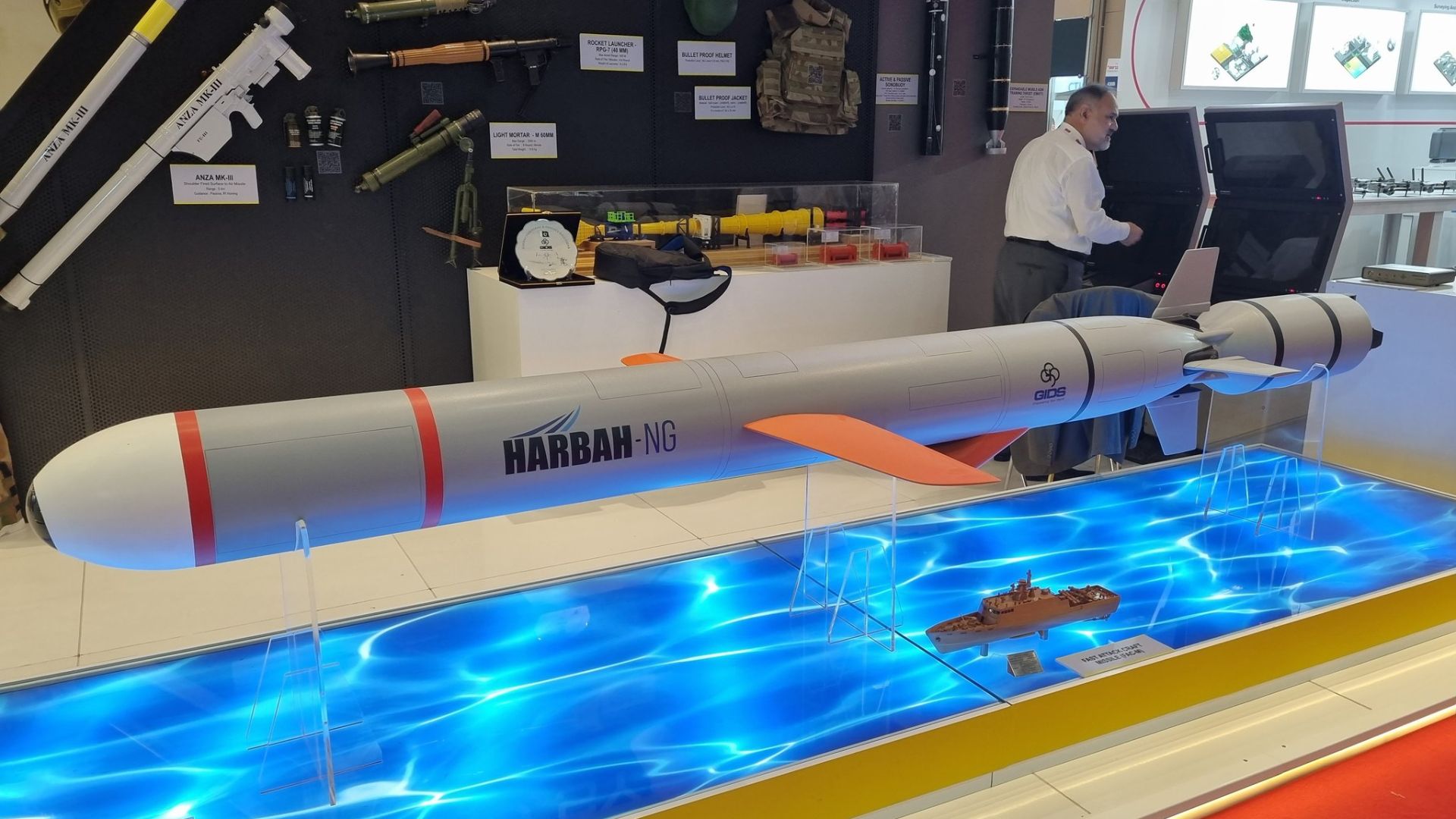 Photo of a scaled mock-up of the GIDS Harbah NG anti-ship missile.