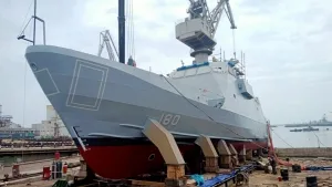 Launching ceremony of the Pakistan Navy's 38.8 m gunboat, PNS Sahiwal, designed in collaboration with Swiftships.