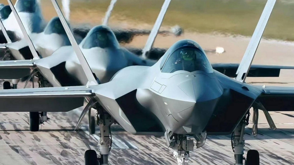 Photo of a line-up of Chinese stealth fighter aircraft.