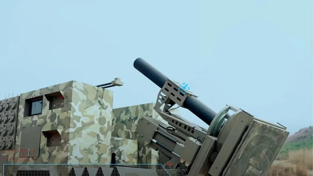 Screenshot from a promotional video showing the mortar launch mechanism of Heavy Industry Taxila's Self-Propelled Mortar Carrier.