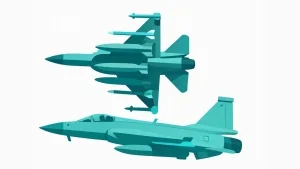 Illustration of two JF-17 Thunder fighter aircraft.