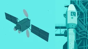 Illustration of a satellite and Pakistani satellite launch vehicle.
