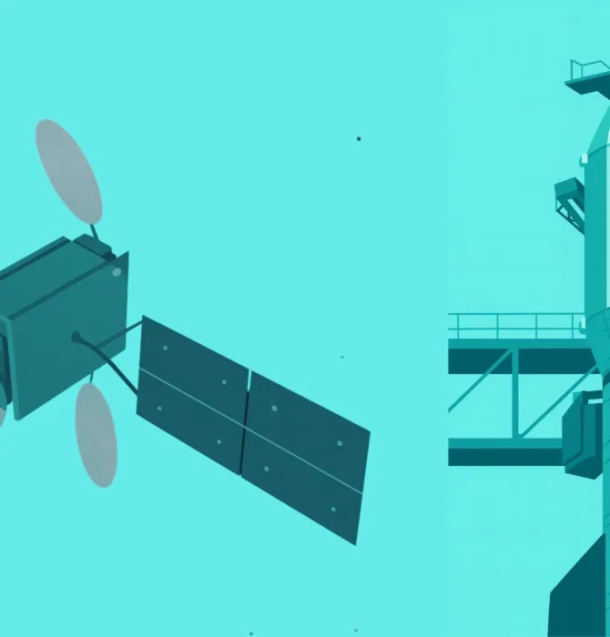 Illustration of a satellite and Pakistani satellite launch vehicle.