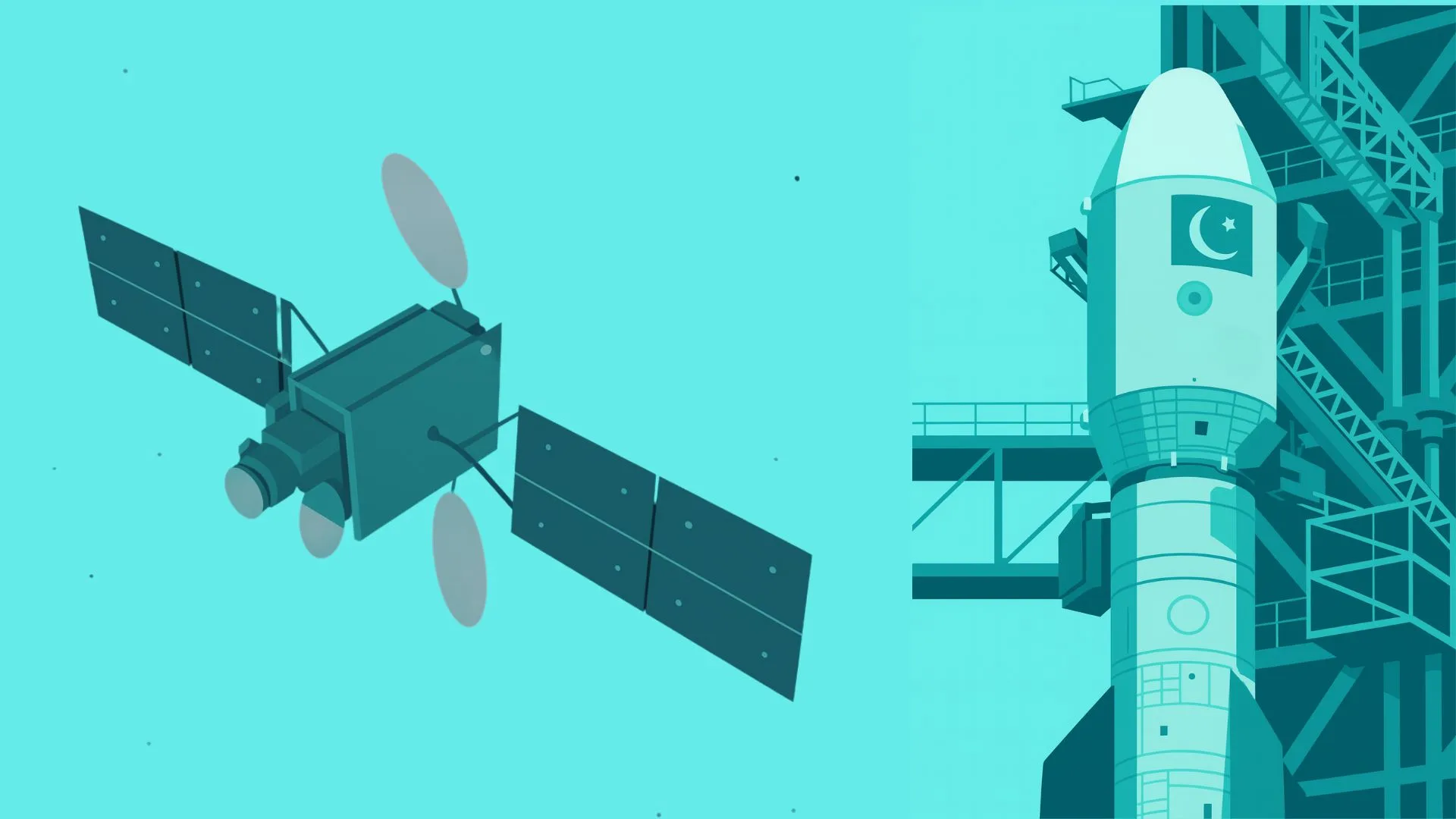 Illustration of a satellite and Pakistani satellite launch vehicle.