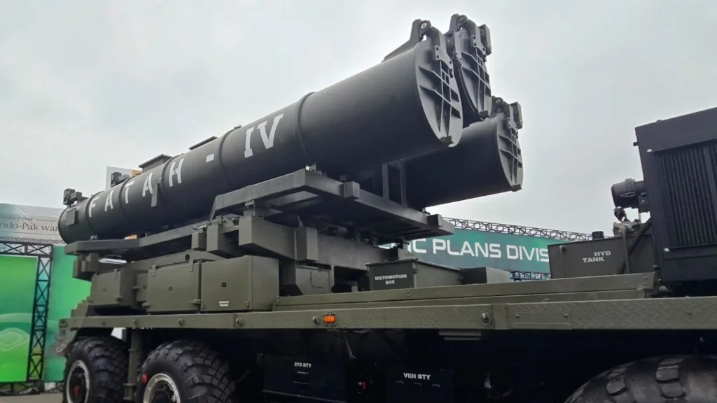 Photo of a launcher for the Fatah 4 cruise missile, shown in Islamabad in 2025.