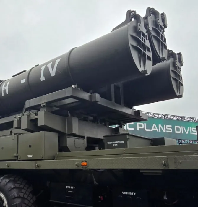 Photo of a launcher for the Fatah 4 cruise missile, shown in Islamabad in 2025.