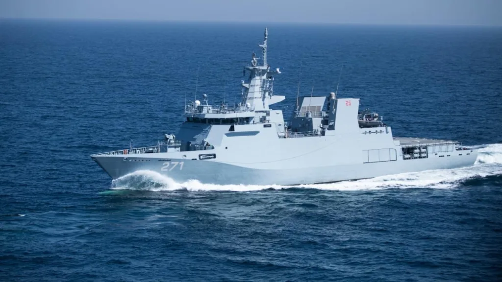 Photo of the P N S Yarmouk, a Pakistan Navy offshore patrol vessel designed and built by Damen Group from the Netherlands. The photo was used for an article about why the Pakistan Navy procured this O P V.