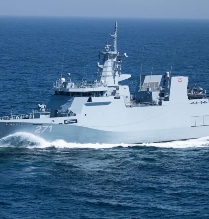 Photo of the P N S Yarmouk, a Pakistan Navy offshore patrol vessel designed and built by Damen Group from the Netherlands. The photo was used for an article about why the Pakistan Navy procured this O P V.