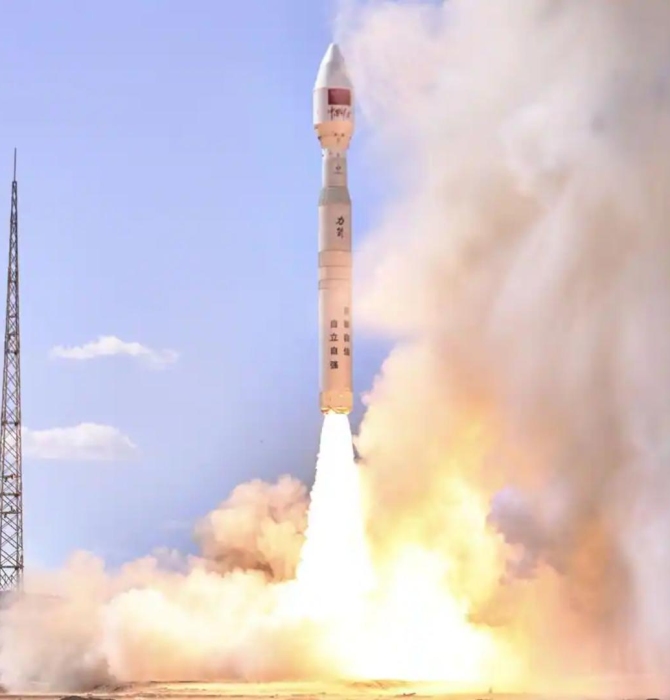 Photo of the launching of Pakistan's H S 1 satellite, used for as a hero photo for an article on SUPARCO's multi-modal imaging satellite constellation.