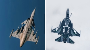 Gripen and JF-17 - Quwa Composite showing a photo of a Gripen (on the left) and JF-17 (on the right).