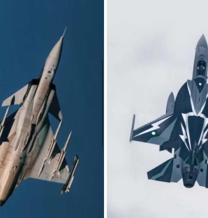 Composite showing a photo of a Gripen (on the left) and JF-17 (on the right).