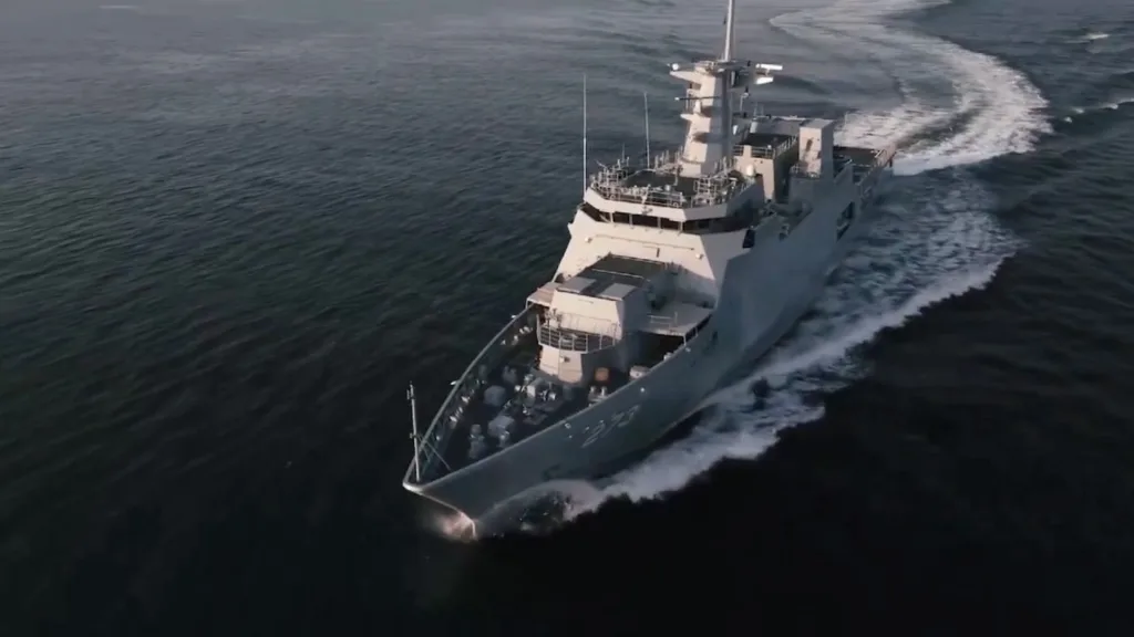 Photo of the PNS Hunain, a Pakistan Navy offshore patrol vessel or O P V. Photo used as a hero image for an article on Pakistan's merchant navy.