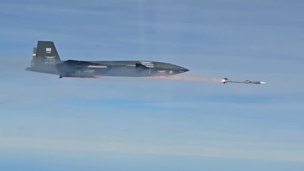 A Bayraktar Kizilelma drone firing an air-to-air missile.