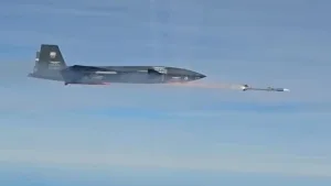 A Bayraktar Kizilelma drone firing an air-to-air missile.