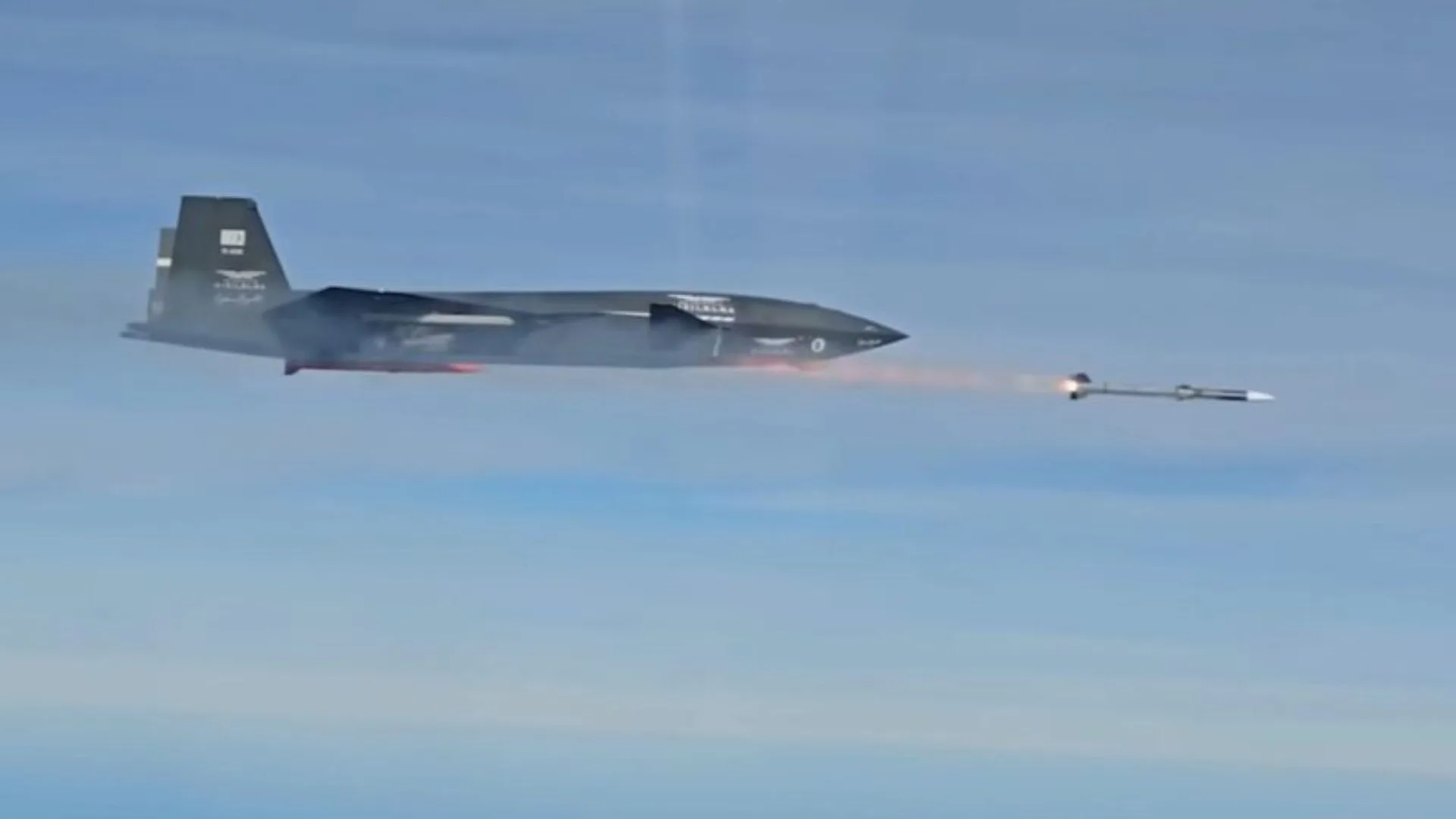 A Bayraktar Kizilelma drone firing an air-to-air missile.