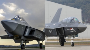 Side-by-side photo of the Turkish KAAN and South Korean KF-21 fighters. Photo used as a hero image for an article on the two countries' respective defence industries.