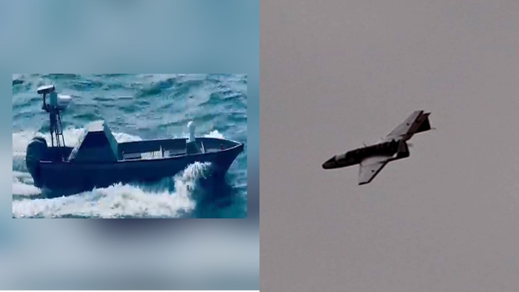 Photo of the NRDI-Woot-Tech USV and Sysverve Hadaf 3 target drone. Photo used as hero image for article on the Pakistan Navy using local drones from the Pakistani private sector.