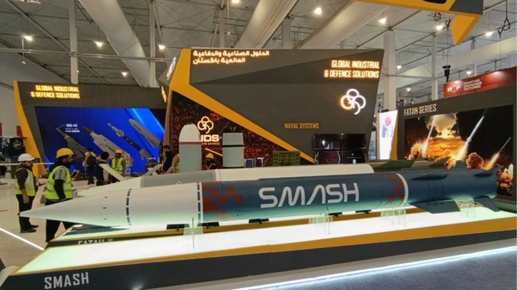 Photo of a model of a SMASH Anti-Ship Ballistic Missile (ASBM) displayed at the 2026 World Defense Show in Saudi Arabia. Photo used as a hero image for an article about GIDS promoting the SMASH for export.