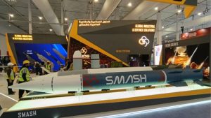 Photo of a model of a SMASH Anti-Ship Ballistic Missile (ASBM) displayed at the 2026 World Defense Show in Saudi Arabia. Photo used as a hero image for an article about GIDS promoting the SMASH for export.