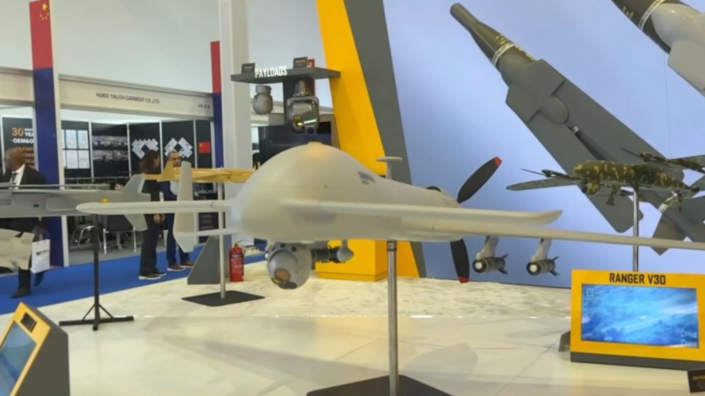GIDS WDS 2026 - Quwa Photo of a Shahpar 2 drone model on display at the 2026 World Defense Show in Saudi Arabia. Photo used as a hero image for an article about the Pakistani defence industry.