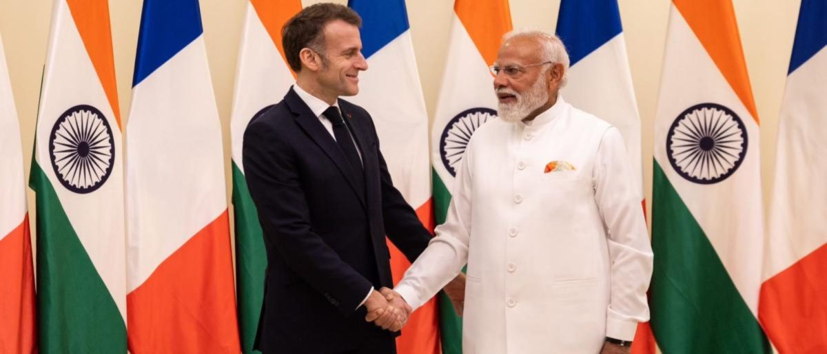 Photo of French President Macron and Indian Prime Minister Modi. Photo used as a hero about India and France enhancing their defence ties.