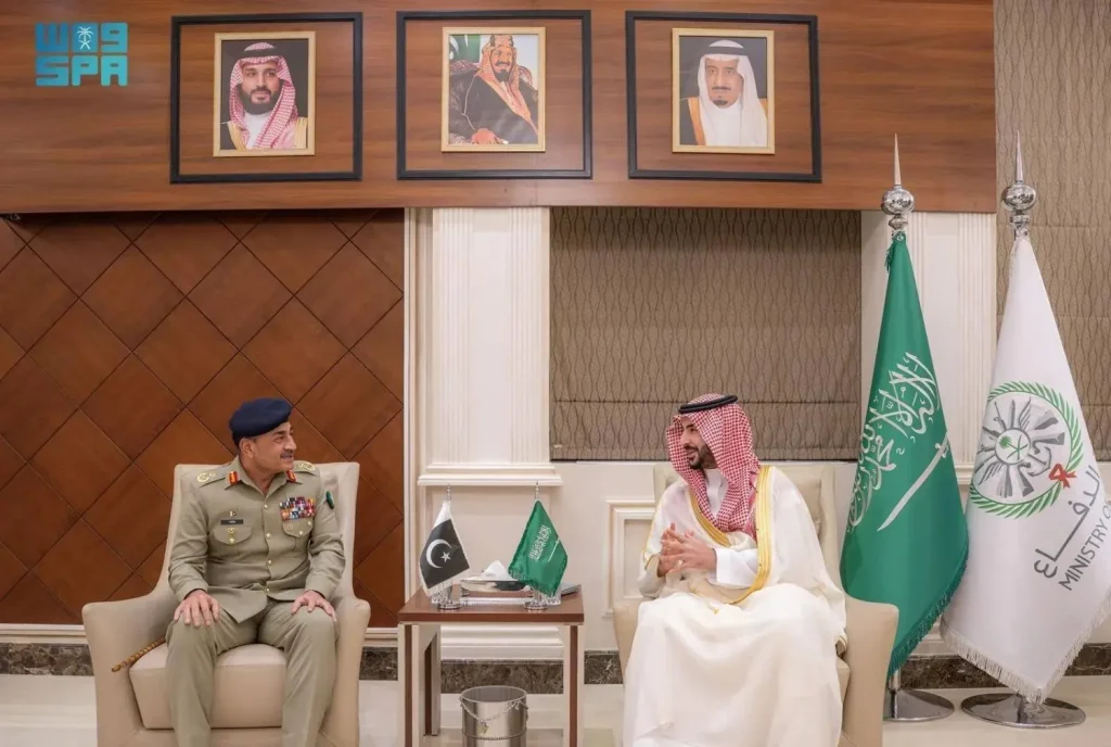 Pakistan's Chief of Defence Forces Field Marshal Asim Munir meets Saudi Defence Minister Prince Khalid bin Salman in Riyadh, March 7, 2026