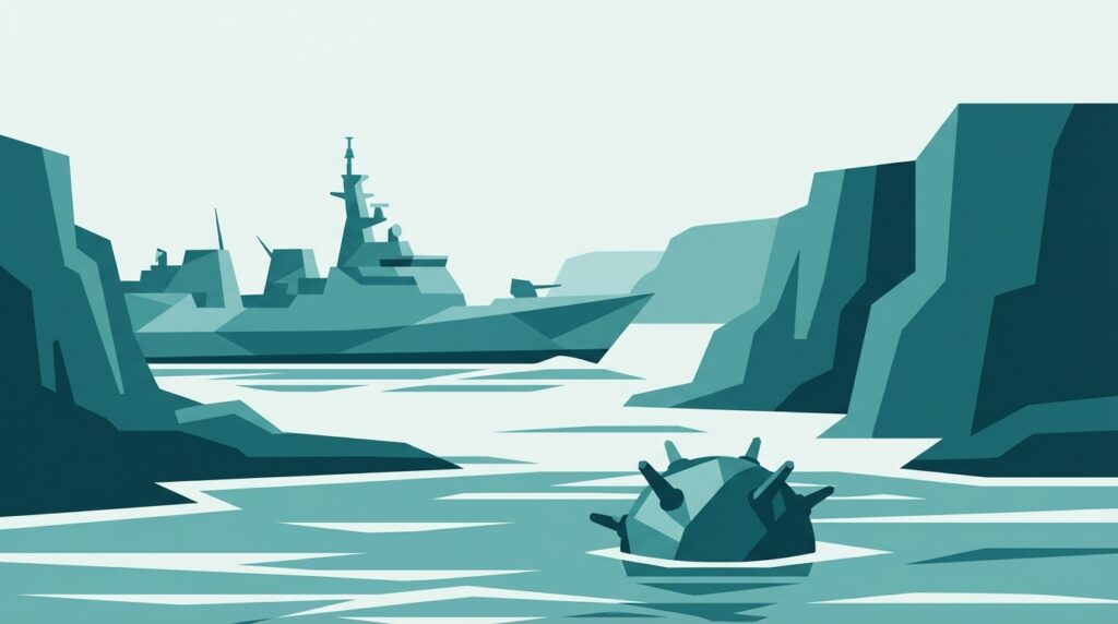 Illustration of a naval warship navigating a narrow strait with a floating contact mine in the foreground — depicting the Strait of Hormuz mine threat