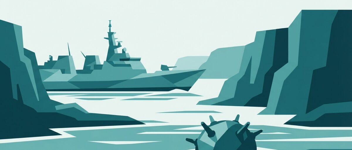Illustration of a naval warship navigating a narrow strait with a floating contact mine in the foreground — depicting the Strait of Hormuz mine threat