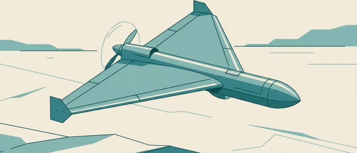 Illustration of an Iranian Shahed-136 kamikaze drone with delta wing configuration — depicting the Russia-Iran drone technology pipeline