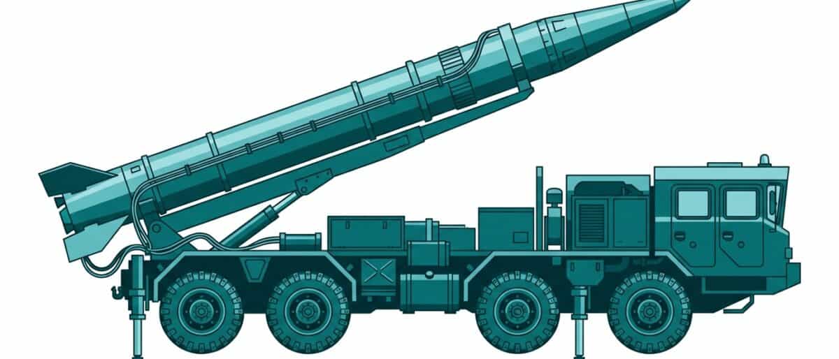 Shaheen-III ballistic missile on road-mobile TEL transporter erector launcher - Quwa stylized illustration