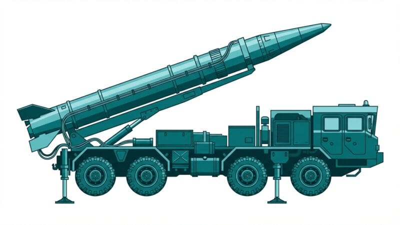 Shaheen-III ballistic missile on road-mobile TEL transporter erector launcher - Quwa stylized illustration