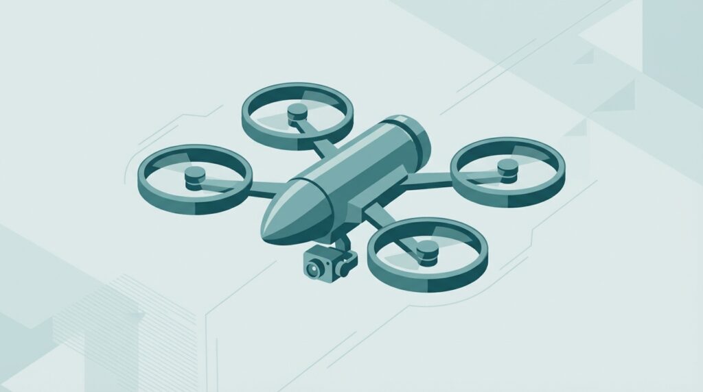 Illustration of a Ukrainian interceptor drone — a compact quadcopter with bullet-shaped fuselage used to counter Iranian Shahed drones