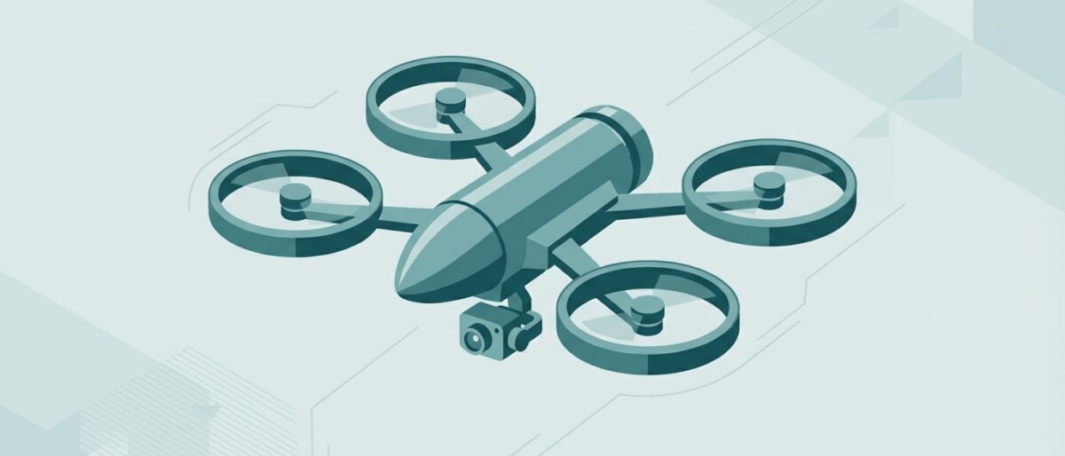 Illustration of a Ukrainian interceptor drone — a compact quadcopter with bullet-shaped fuselage used to counter Iranian Shahed drones