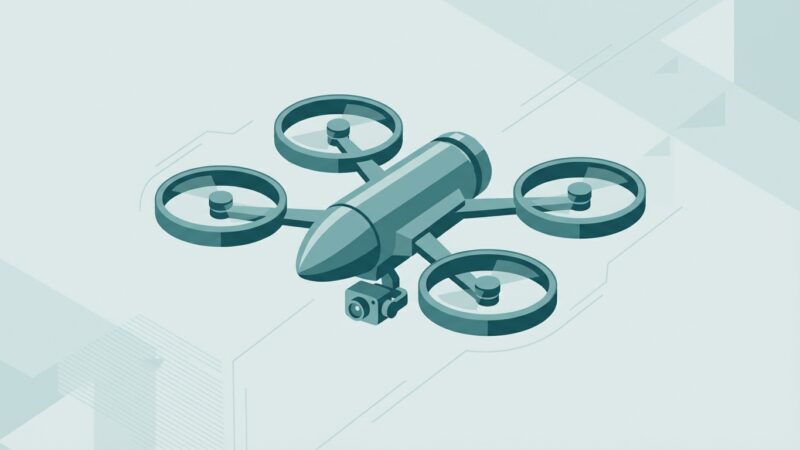 Illustration of a Ukrainian interceptor drone — a compact quadcopter with bullet-shaped fuselage used to counter Iranian Shahed drones