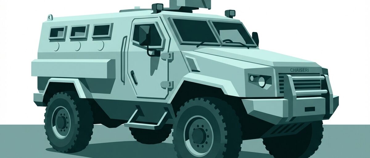 Quwa-style teal monochrome vector illustration of the Chaiseri First Win 4x4 MRAP armoured vehicle