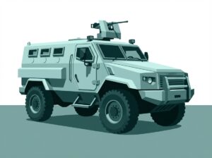 Quwa-style teal monochrome vector illustration of the Chaiseri First Win 4x4 MRAP armoured vehicle