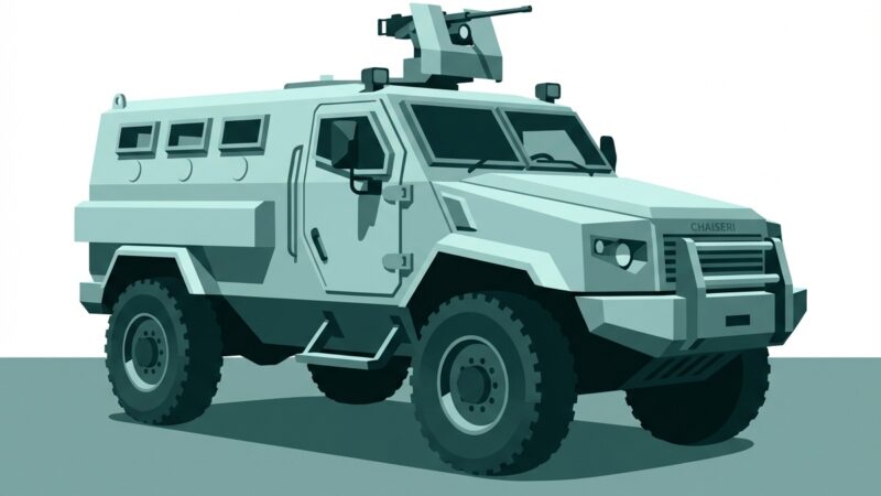 Quwa-style teal monochrome vector illustration of the Chaiseri First Win 4x4 MRAP armoured vehicle