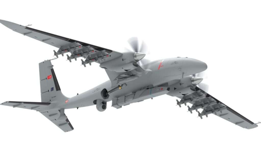 Military transport aircraft with many missiles mounted on its wings. (informative)