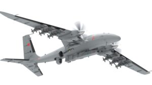 Military transport aircraft with many missiles mounted on its wings. (informative)