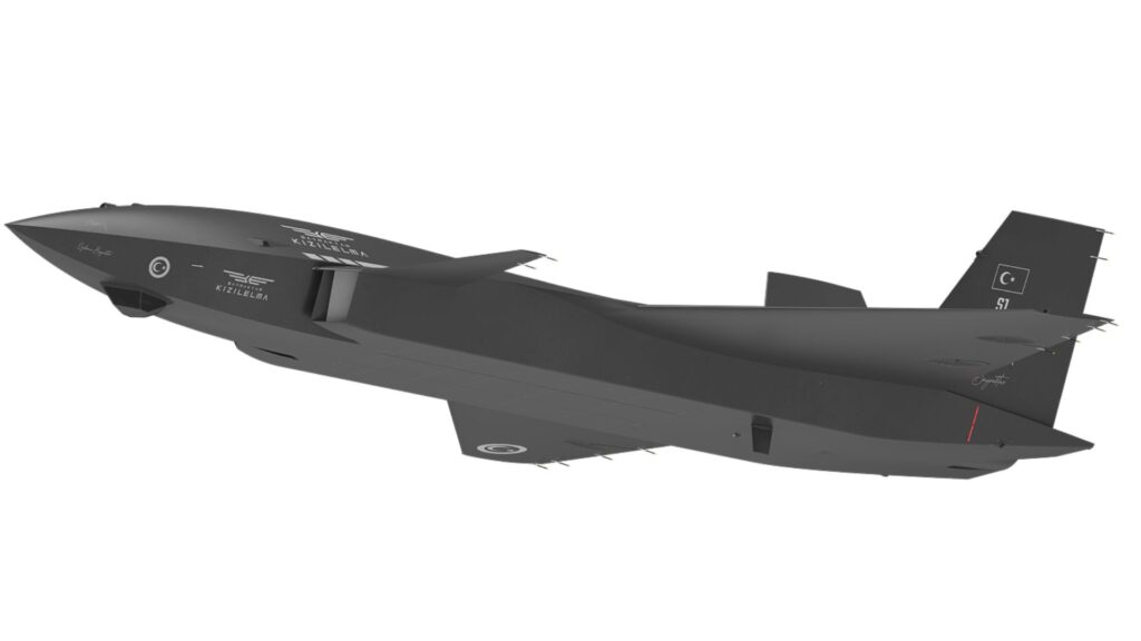 Dark gray stealth aircraft shown in side profile with angular fuselage and Turkish insignia on the tail area