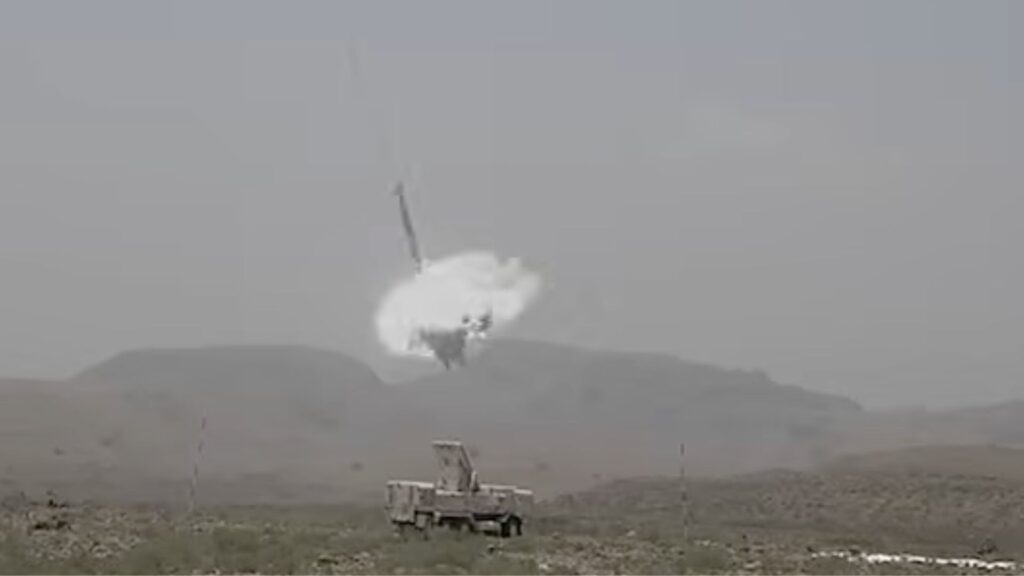 Still of an ISPR video showing the Fatah-4 cruise missile striking an inflatable dummy.