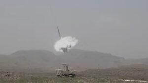 Still of an ISPR video showing the Fatah-4 cruise missile striking an inflatable dummy.
