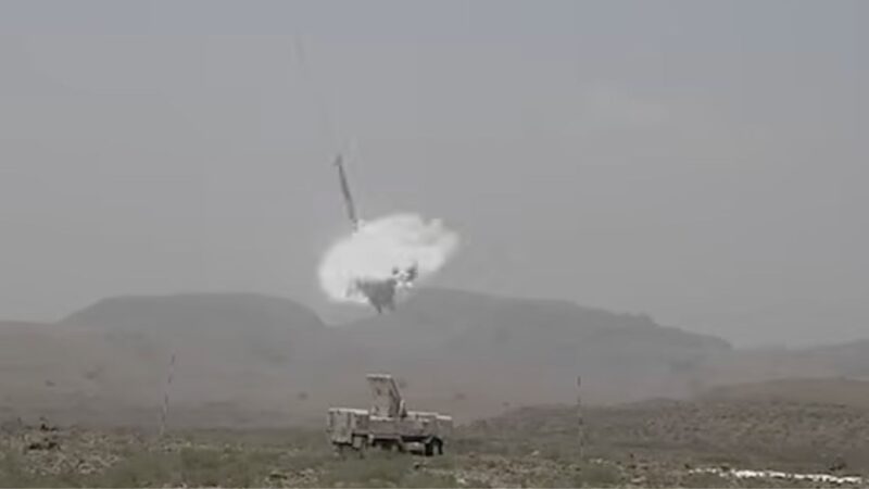 Still of an ISPR video showing the Fatah-4 cruise missile striking an inflatable dummy.